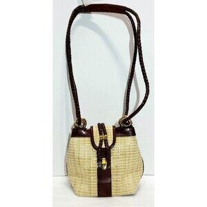 Vintage Kaela Straw Purse Brown Leather Trim Shoulder Bag Unique Closure